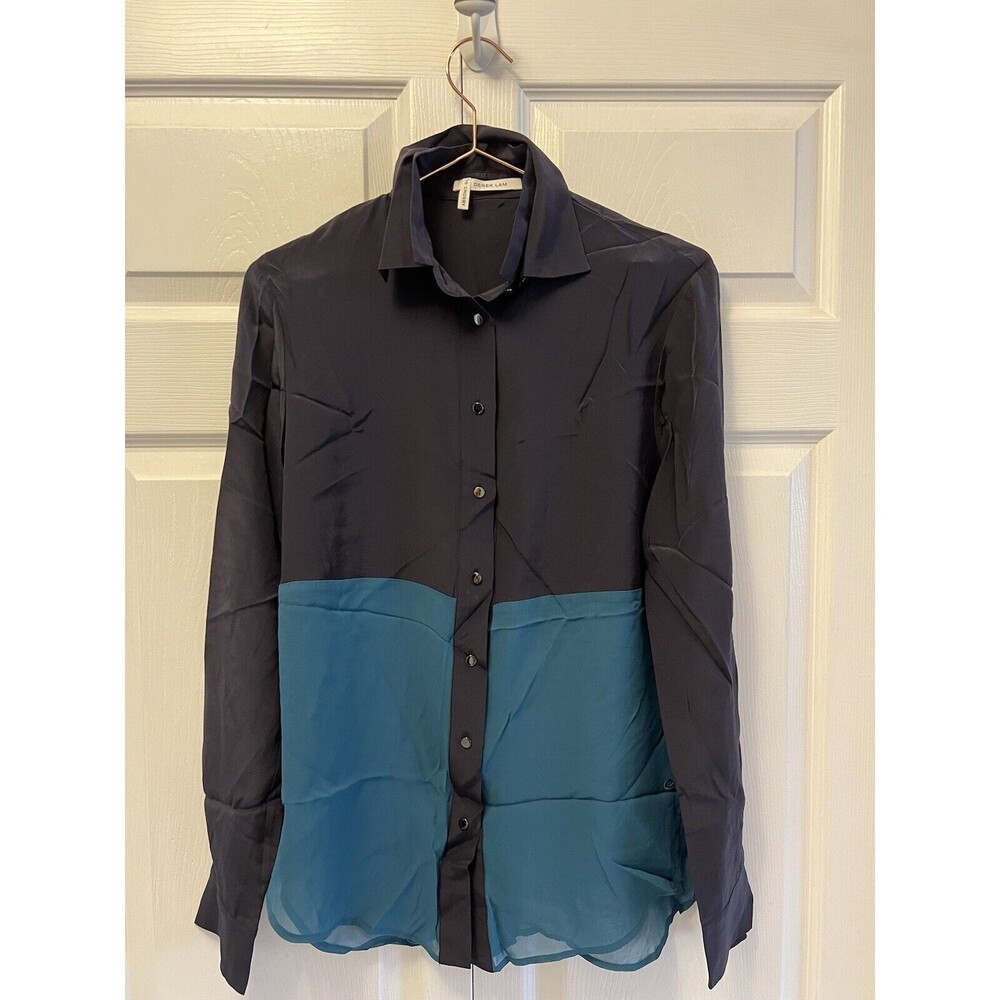 Derek Lam Crosby 10 Silk Button Up Black Blue Size 2‎ Removable Collar NEW